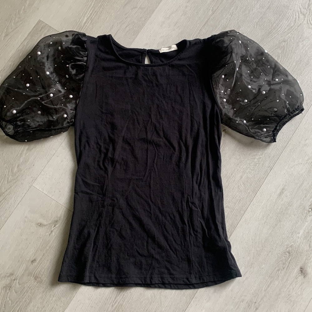 Occasion Black Chiffon Top blouse size M classic elegant pearls puffy sleeves